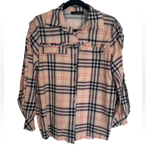 Parisian Works Tops - Boutique Lightweight Sheer Material Plaid Flannel Size Small EUC
